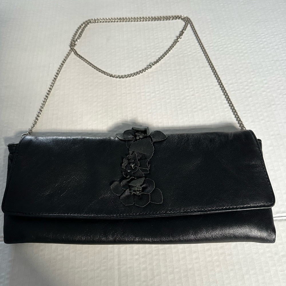 Black Leather Clutch with Floral Detail